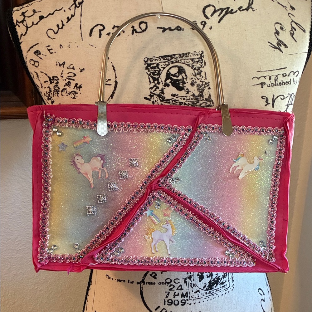 Pink Unicorn Hand Embellished Kids Bag With Metal Handles